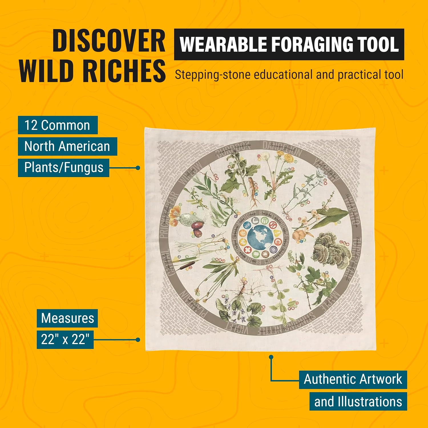 Wazoo Foraging & Tracking Bandanas, Practical Outdoor Reference Prints, 100% Cotton, Made in the USA, 22" x 22"