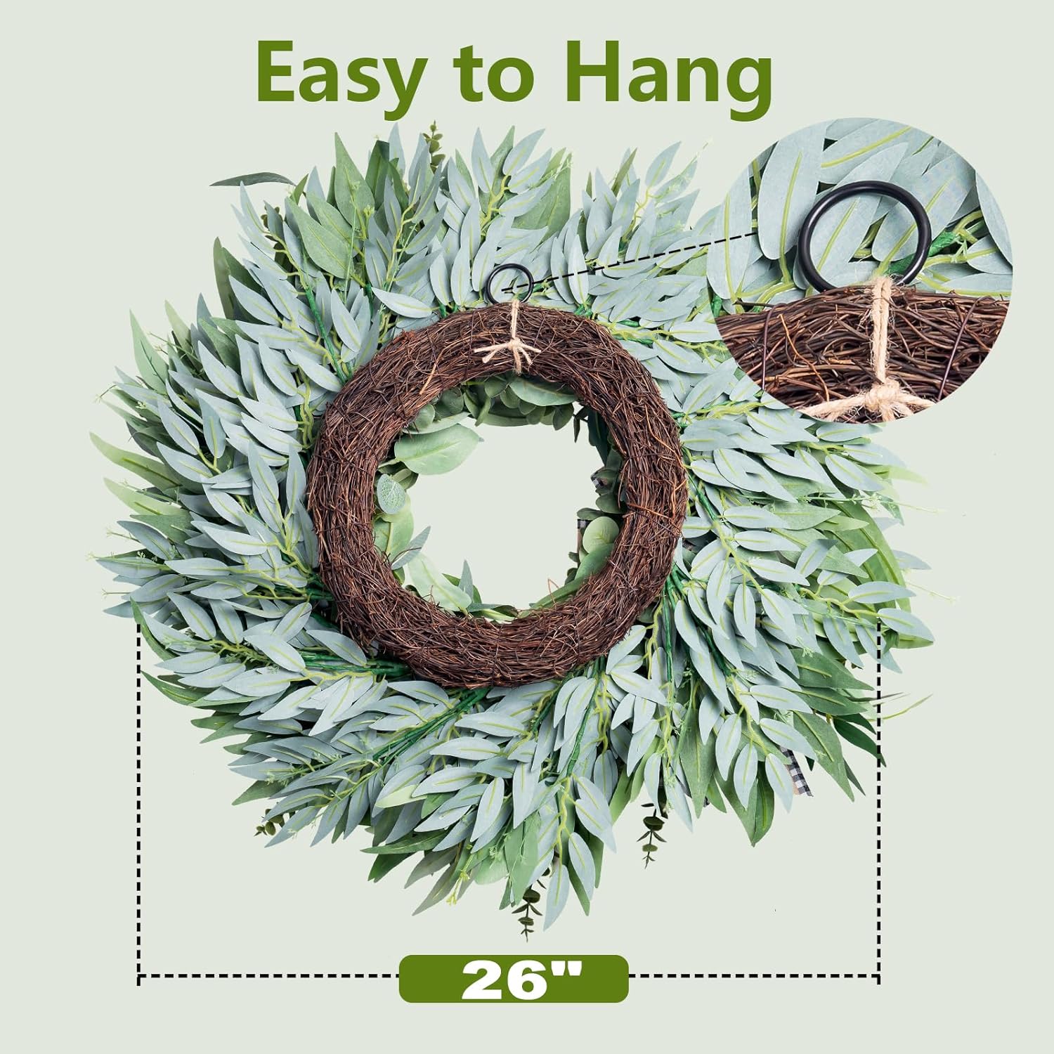 26 Inch Large Eucalyptus Wreath for Front Door Year Round, Spring Summer Greenery Farmhouse Wreath with Detachable Bow, Everyday Home Decor Used for Front Door Wall Porch