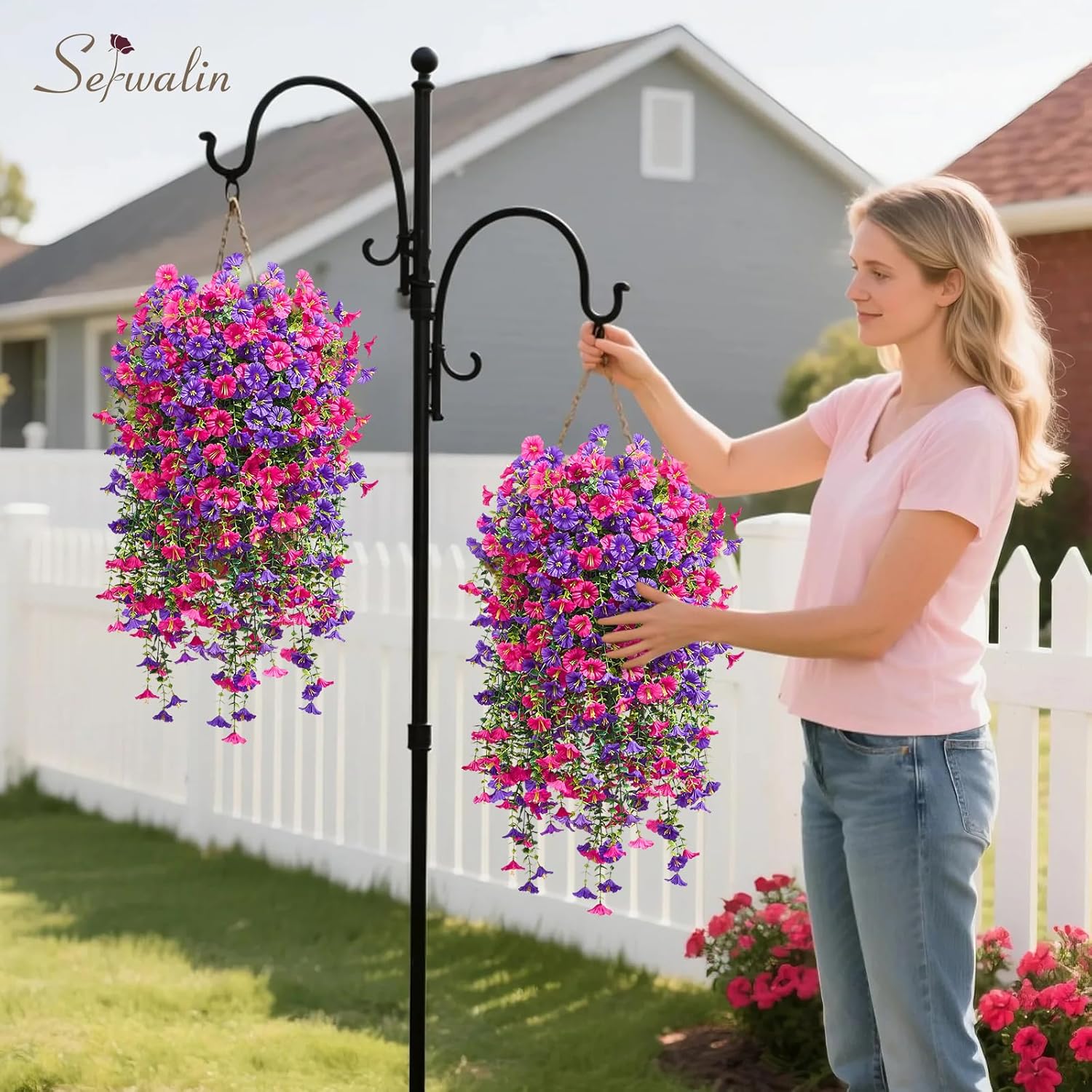 Serwalin Artificial Hanging Flowers for Outdoors Decoration, 4PCS UV Resistant Silk Artificial Fake Plants Outdoor for Porch Patio Balcony Indoor Planter Yard Decor (Purple&Rose Pink,4PCS) - Image 3