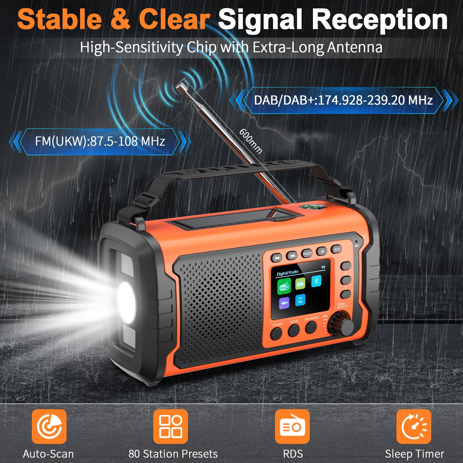 Radio di Emergenza DAB+/FM 20000mAh con Powerbank, Solare e Manovella | Bluetooth 5.3, SOS, Torcia e Luce da Lettura per Casa, Campeggio, Camper e Blackout, Arancione