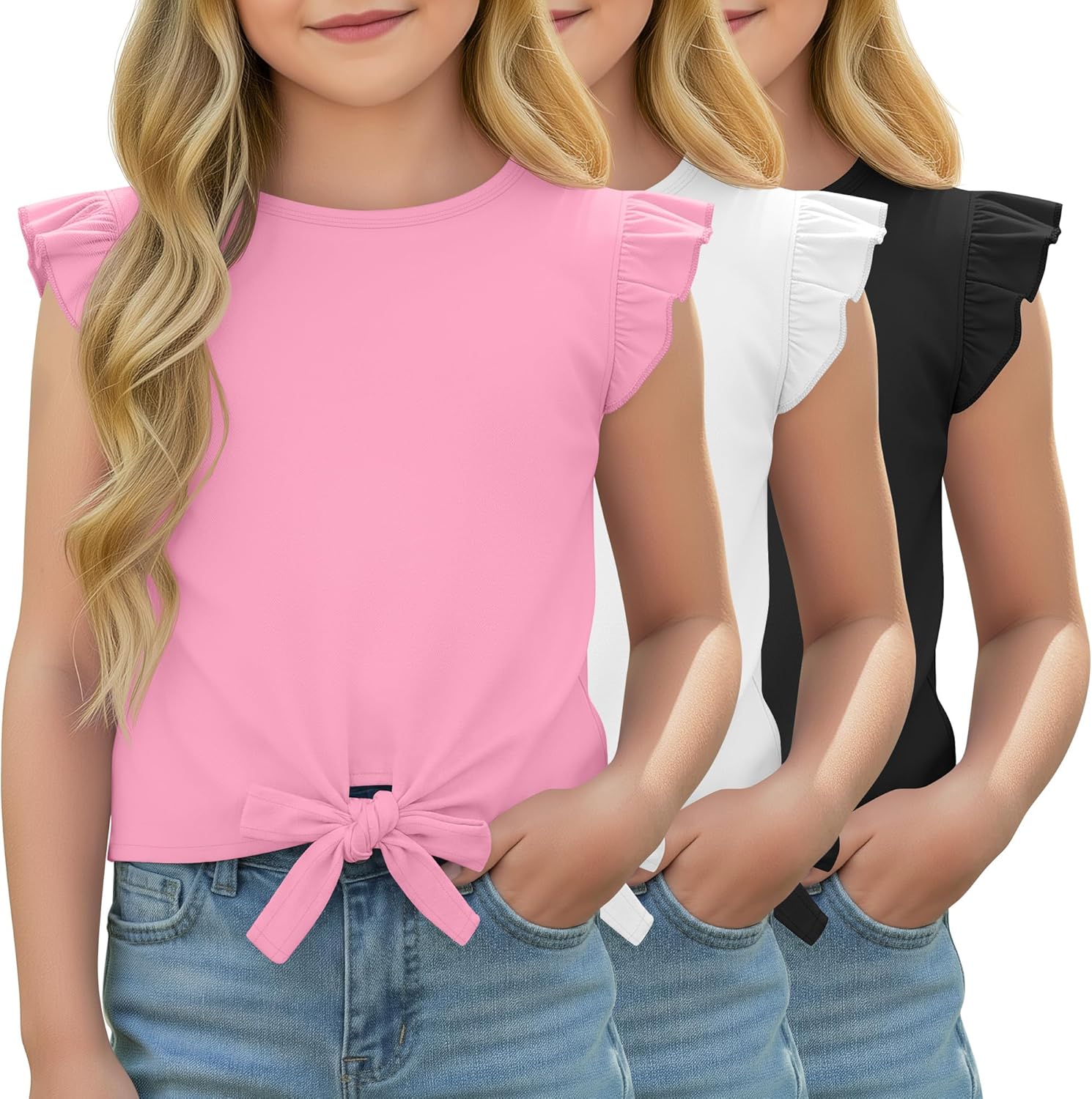 3 Pack Girls' Short Ruffle Sleeve Shirts Tie Knot Front Summer Tops Kids Flutter Crewneck Casual Tee 5-14 Years