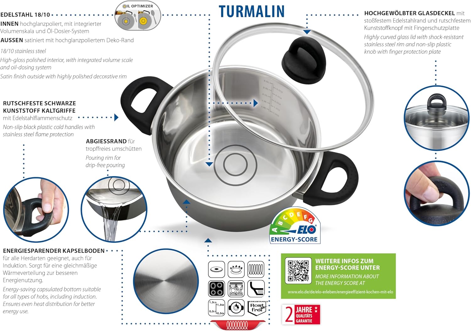 ELO Tourmaline Series 12215 Saucepan with GD 14 cm Series Induction Satin Stainless Steel Non-Slip Plastic Handles with Litre Scale and Oil Dispensing System
