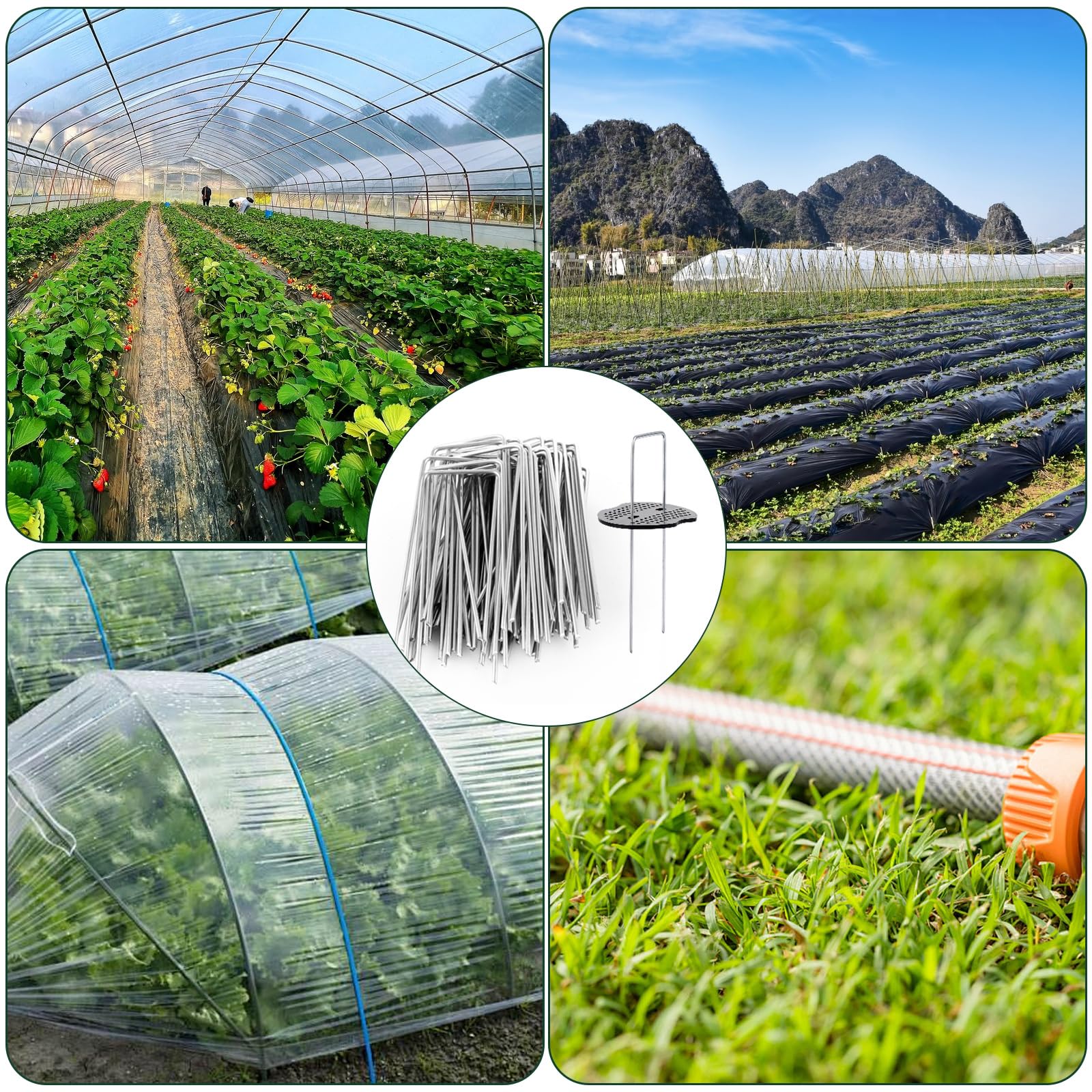 Lot de 100 piquets de membrane de mauvaises herbes, avec 100 rondelles tampons, crochet et marteau, piquets en métal galvanisé de 100 mm, piquets de sol de jardin en forme de U pour gazon