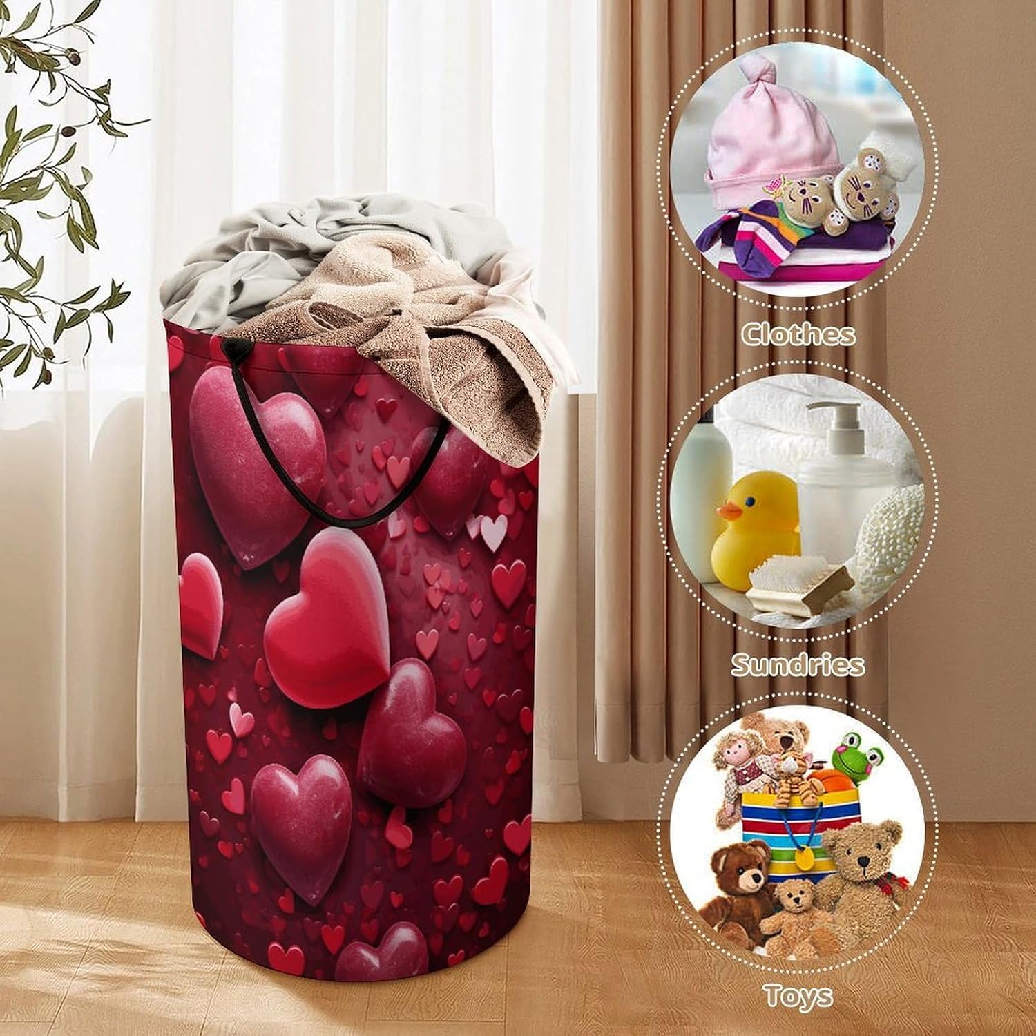 Valentines Love Hearts Laundry Basket Dirty Clothes Bin, Waterproof Laundry Hamper, Laundry Bag, Clothes Hamper Stands for Bedroom, Towels,Clothings image 3