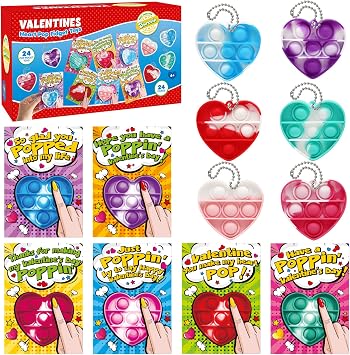 SURCVIO Valentine Day Gifts for Kids, 24 Pack Pop Fidget Heart-Shaped Mini Push Bubble Sensory it Fingertip Keychain Fidget Toys Decompression Valentines Classroom Party Favors Exchange Gifts for Kids