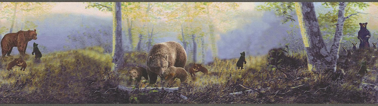 Dundee Deco Wallpaper Border Peel and Stick DDAZBD9026 Nature Brown, Black Bears in The Forest Wall Border Retro Design, 15 ft x 7 in (4.57m x 17.78cm), Self Adhesive
