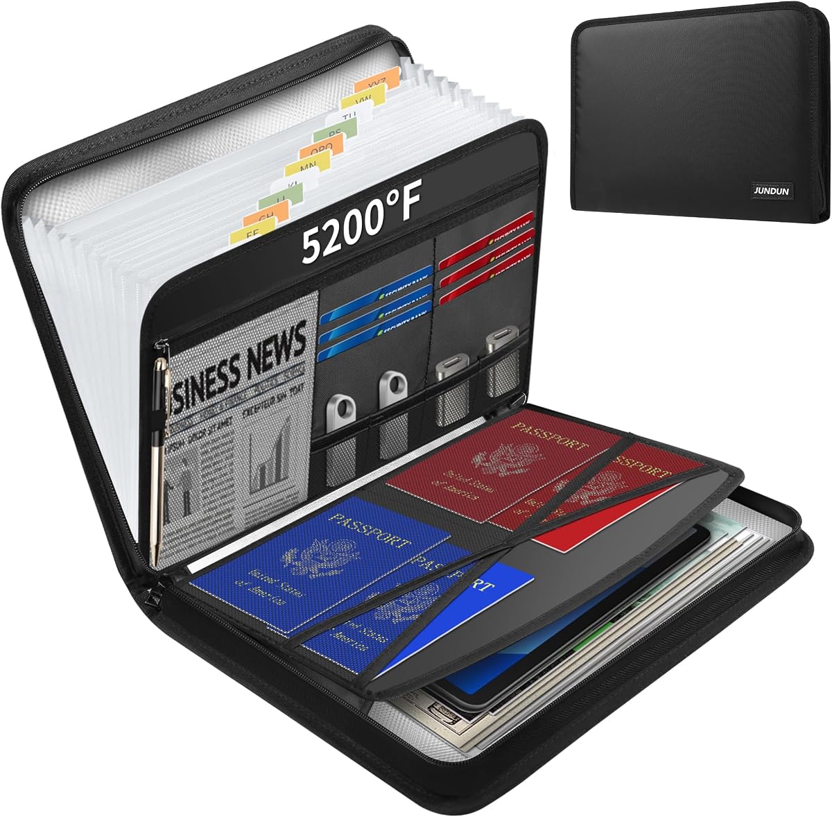 Organizador de documentos ignífugo de 5200 ℉, organizador de archivos de acordeón con múltiples bolsillos con cremallera y etiquetas, carpeta de archivos expandible con 13 bolsillos con aislamiento térmico mejorado para archivos de letras A4 y más