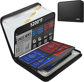 JUNDUN 5200℉ Fireproof Document Organizer, Multi-Pockets Accordion File Organizer with Zipper & Labels, Upgraded Heat Insulated 13 Pockets Expanding File Folder for Letter A4 Files and More