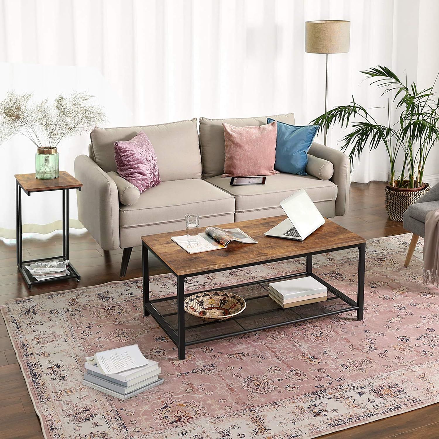 VASAGLE INDESTIC Side Table, End Table with Mesh Shelf, Nightstand, Breakfast by The Bed, Under Sofa, in Living Room Bedroom, Easy Assembly, Space Saving, Industrial, Rustic Brown ULNT51X