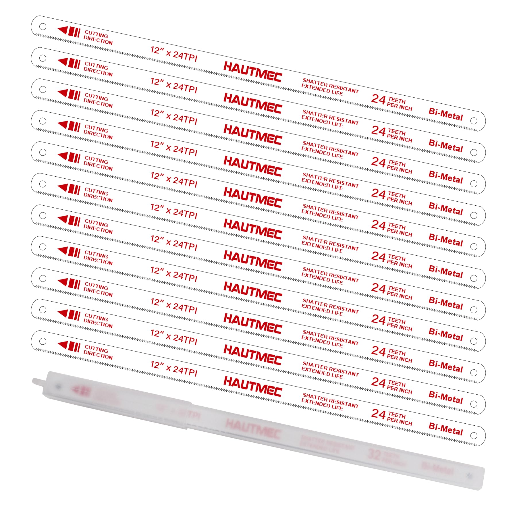 HAUTMEC 12" Hacksaw Blades 24 TPI – 10 Pack Bi-Metal Replacement Blades with High-Speed Steel Teeth and Spring Steel Body, Professional Grade, Fits