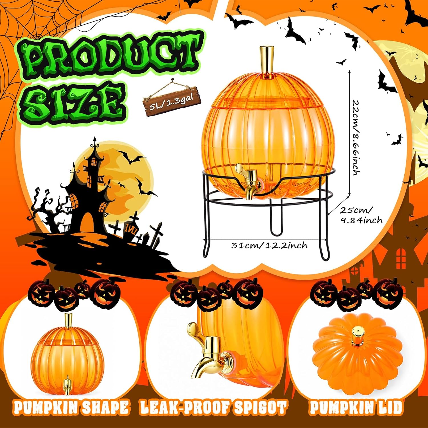 1.3 Gallon Halloween Plastic Drink Dispenser with Metal Stand Spigot Pumpkin Shaped Drink Dispenser Beverage Flask with Spigot for Fall Harvest Summer Halloween Autumn Party Supplies(Orange)