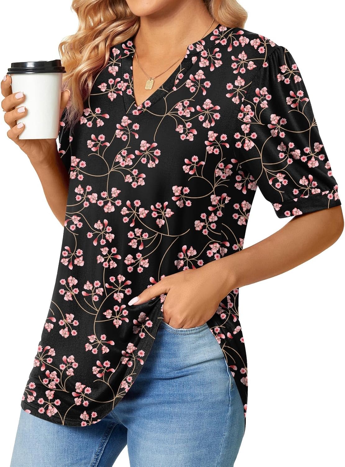 Anyally Womens Summer/Spring Puff Short Sleeve Tops Dressy Casual V-Neck T-Shirts Cute Blouse for Work - Image 2