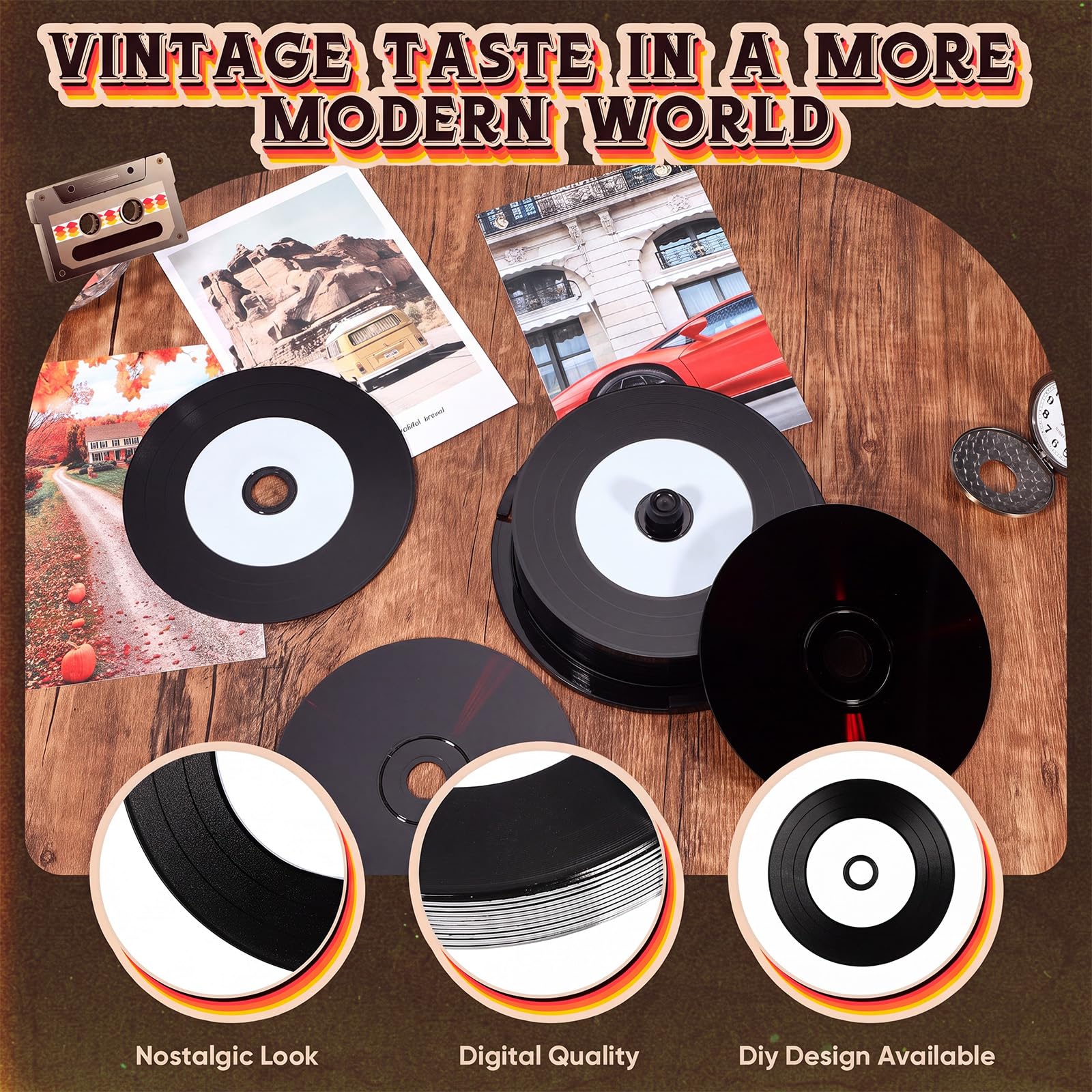 50 dischi CD-R vuoti, 700 MB, 80 min, 52x, in vinile, con centro stampabile a getto d'inchiostro bianco e superficie di registrazione nera per dati musicali