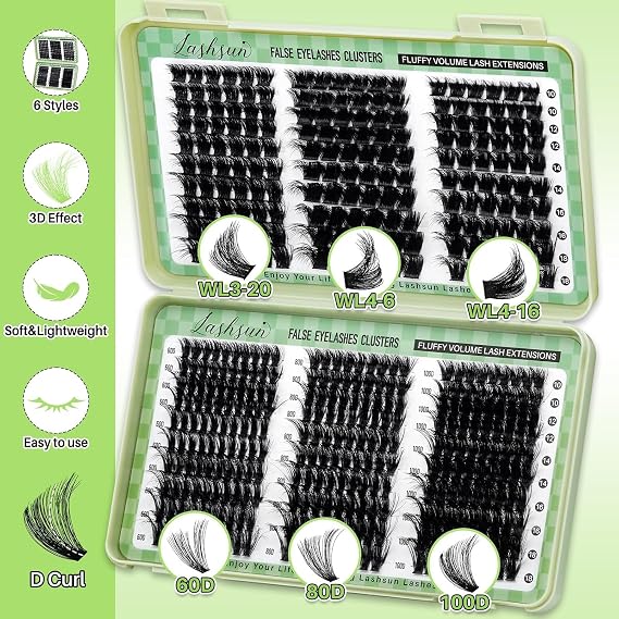 Lash Clusters Kit Wispy Eyelash Clusters Lashes DIY Lash Extension Kit Cluster Eyelash Extensions Kit Volume Cluster Lashes with Lash Bond and Seal,Lash Remover and Lash Tweezers (WL+60D+80D+100D Kit)
