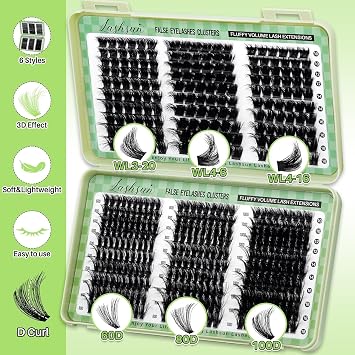 Lash Clusters Kit Wispy Eyelash Clusters Lashes DIY Lash Extension Kit Cluster Eyelash Extensions Kit Volume Cluster Lashes with Lash Bond and Seal,Lash Remover and Lash Tweezers (WL+60D+80D+100D Kit)