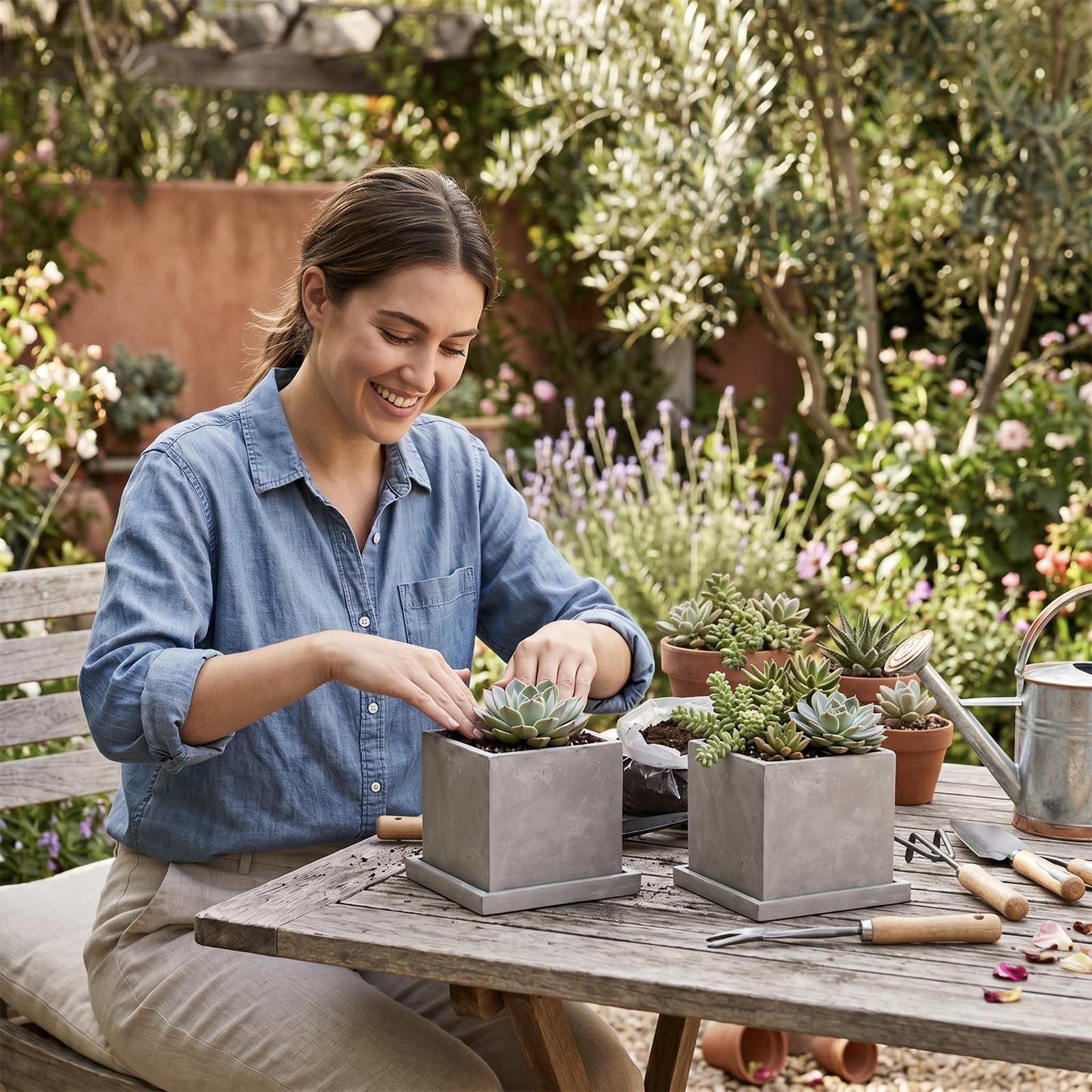 Amazon.com: MyGift 5-Inch Square Gray Cement Plant Pot with Drainage, Small  Flower Succulent Planters with Removable Saucer Trays, Set of 2 : Patio,  Lawn & Garden
