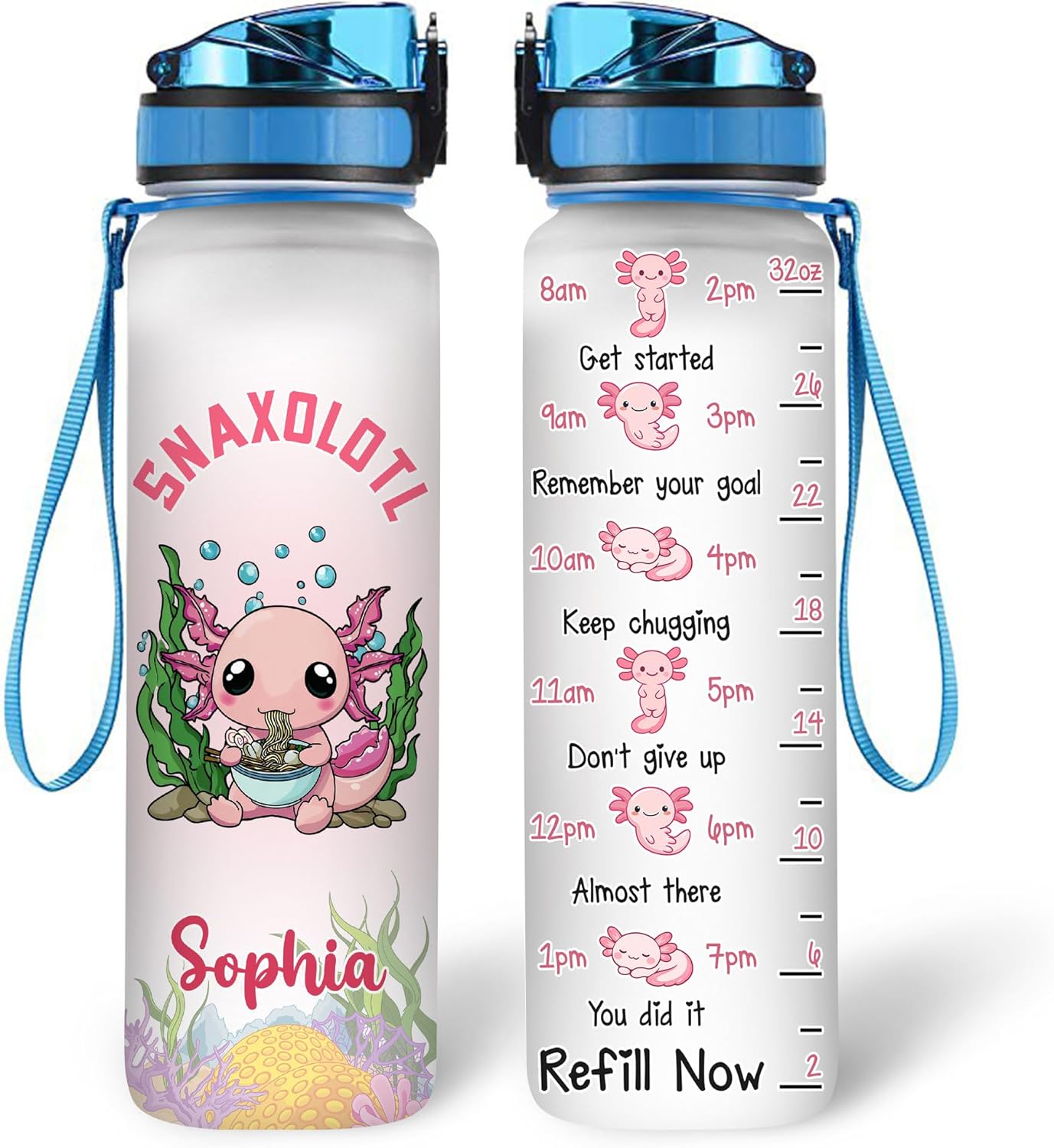 Hyturtle Personalized Axolotl Water Bottle - 32oz Motivational Water Bottle with Leak-Proof Lid & Time Marker - Custom Name Gift for Axolotl Lovers, Women, Girls, Boys - Birthday & Christmas Gift