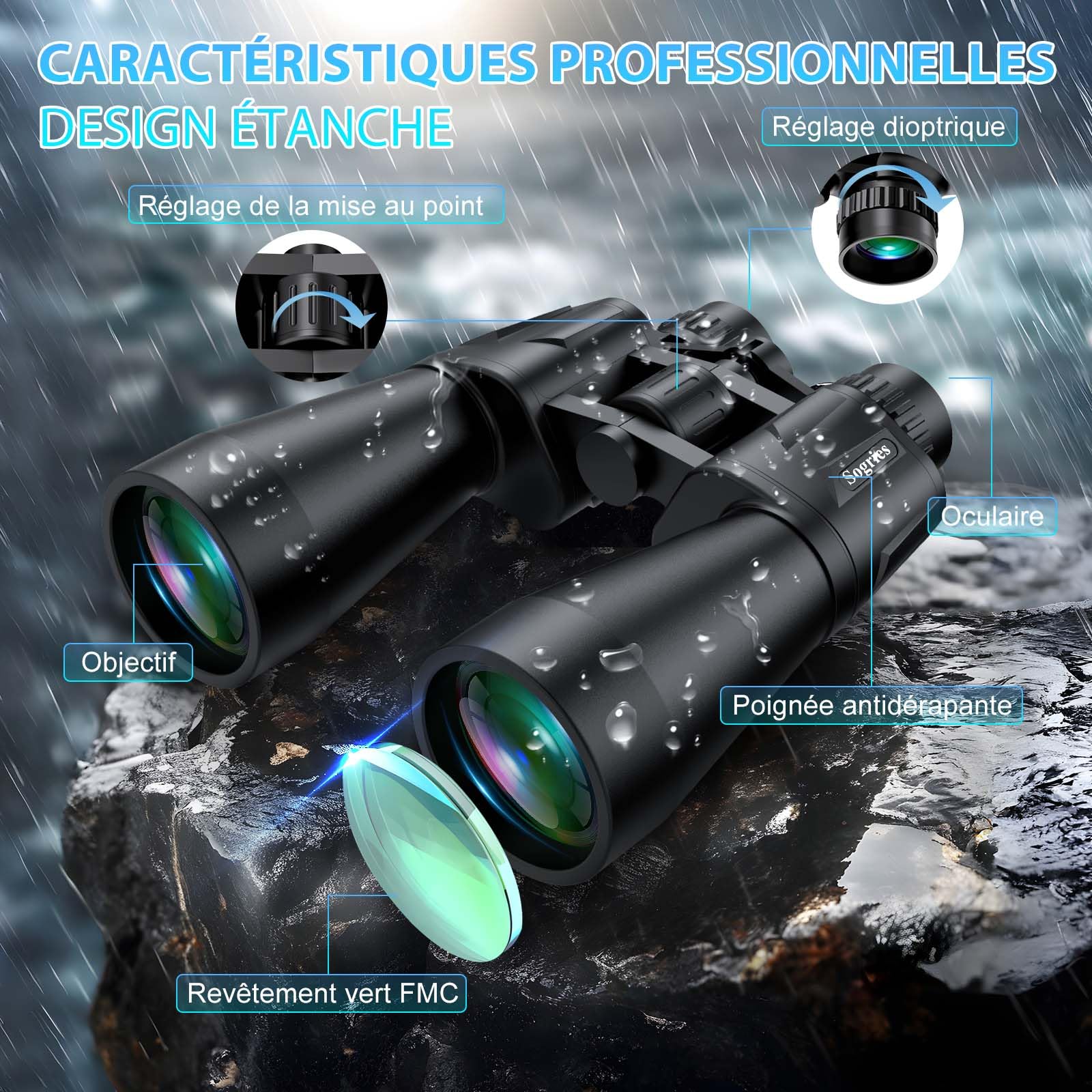 Jumelles compactes 20 x 60 pour Adultes, Haute Puissance, étanches et antibuée pour Observation des Oiseaux avec Vision en Faible luminosité, Chasse, Voyage, Sac de Transport Inclus