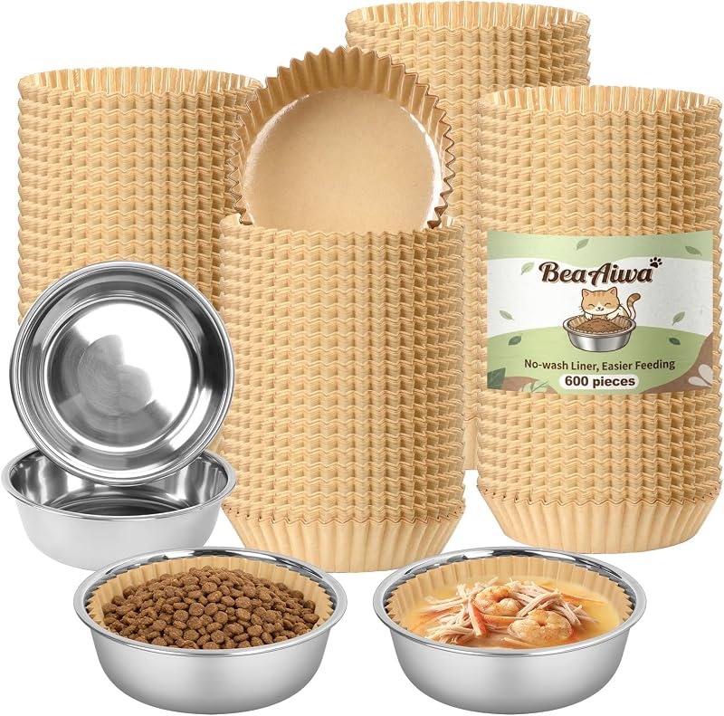 Kit Potes para Gatos com Tigelas de Aço Inoxidável e Forros Descartáveis BeaAiwa — 600 Forros e 4 Tigelas