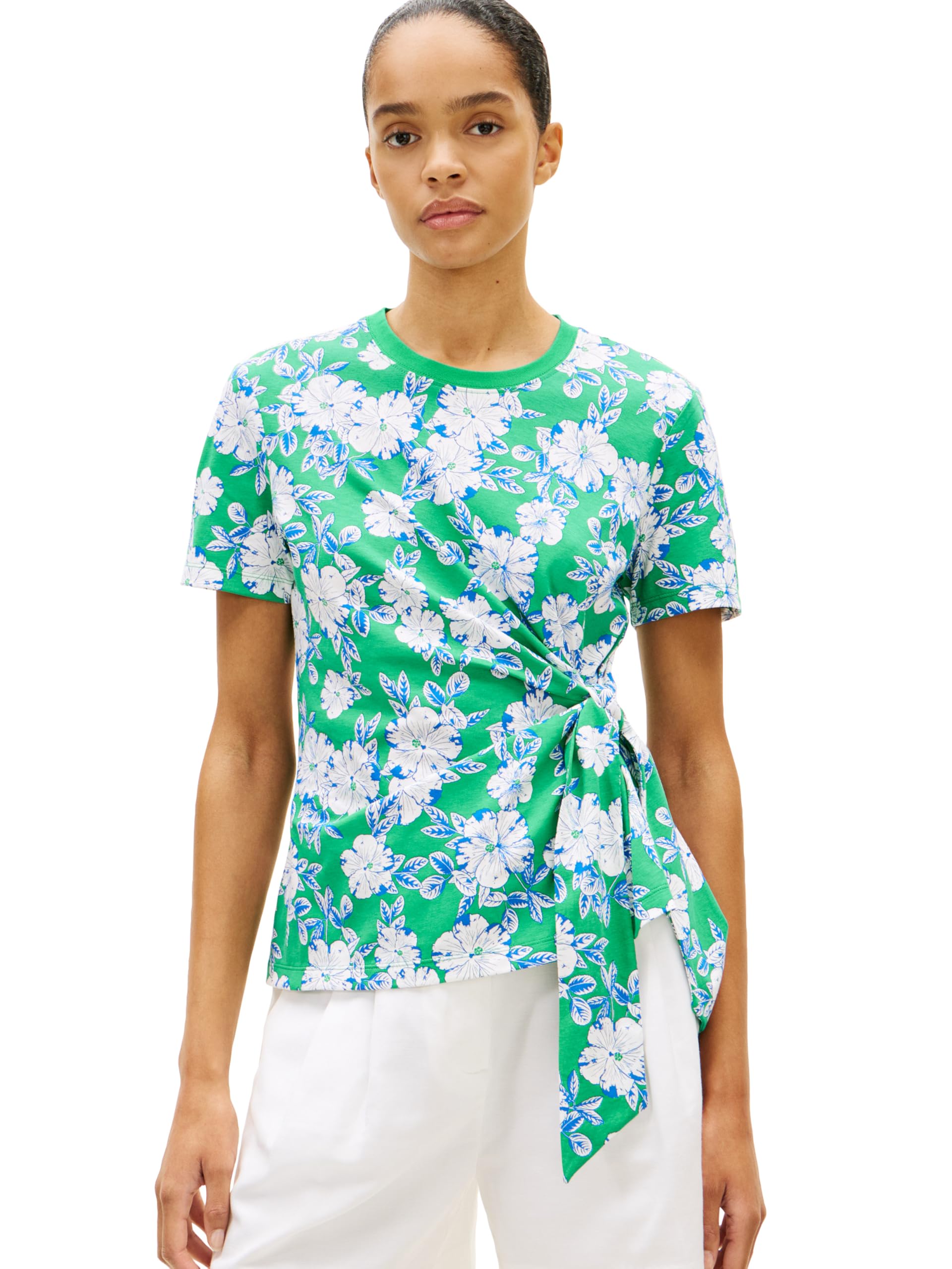 - Womens Short Sleeve Cotton Crew Neck T-Shirt with Tie Knot Detail