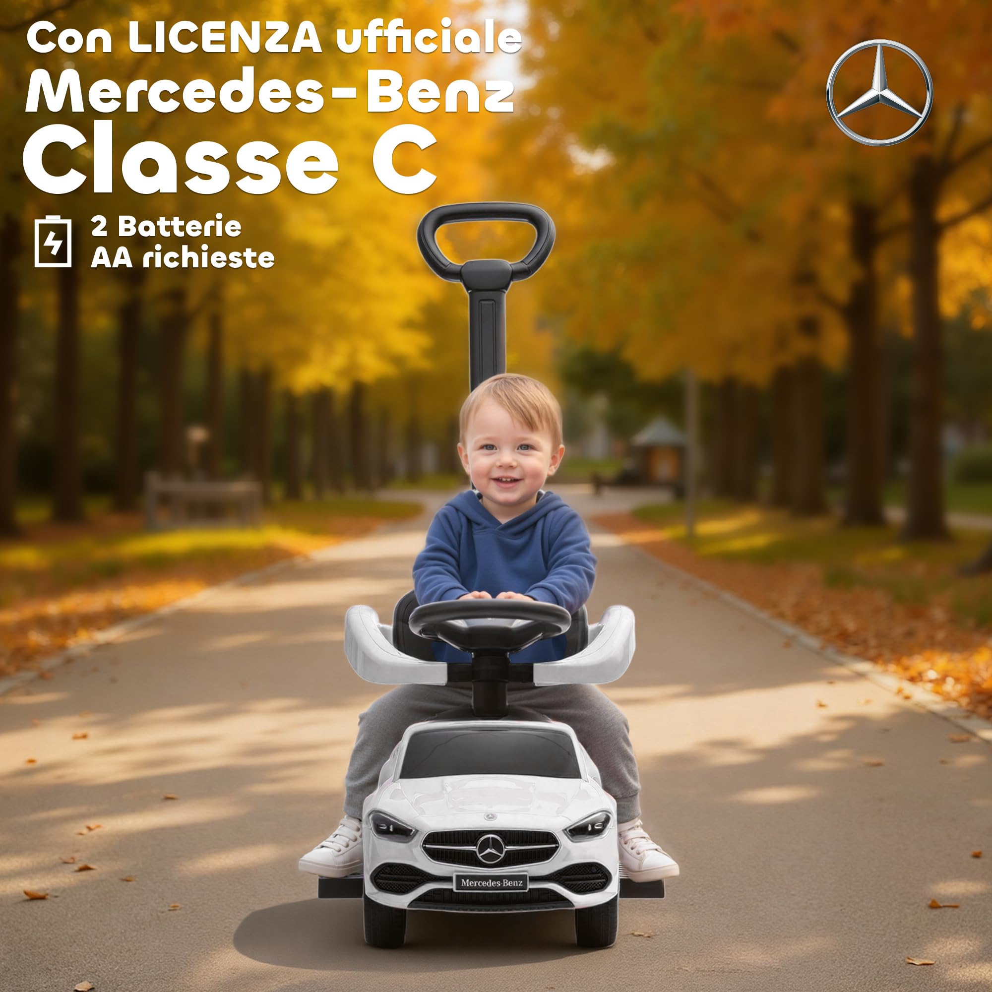 AIYAPLAY Macchina Primi Passi Cavalcabile per Bambini 1-3 Anni Convertibile in Passeggino con Maniglione, Barriera a 360° e Volante, Auto Cavalcabile in PP e Acciaio, 91x40x83 cm, Bianco