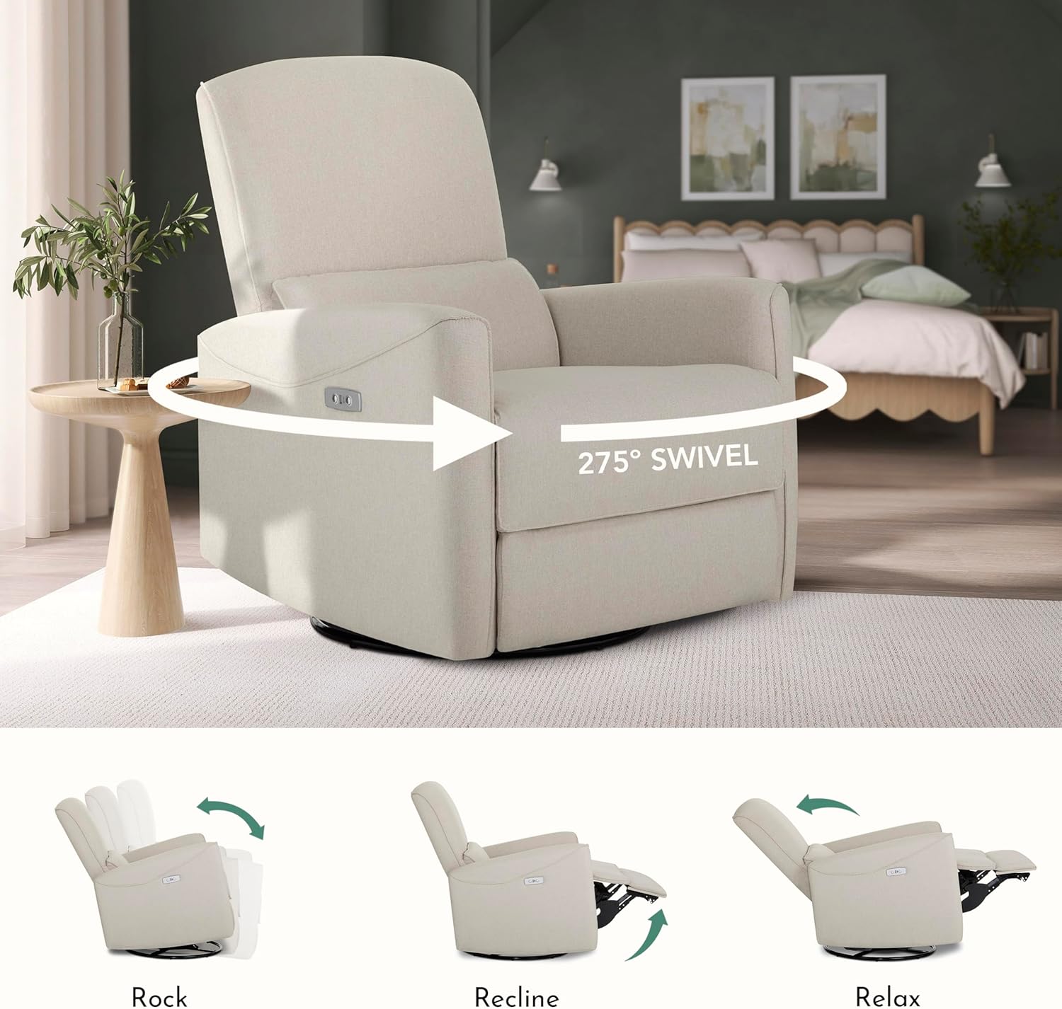 Evolur Belmont Nursery Glider Chair with Massager in Light Sand, Power Recliner with 275° Swivel, Lumbar Support Modern Rocking Chair for Baby Room, Nursery & Living Room