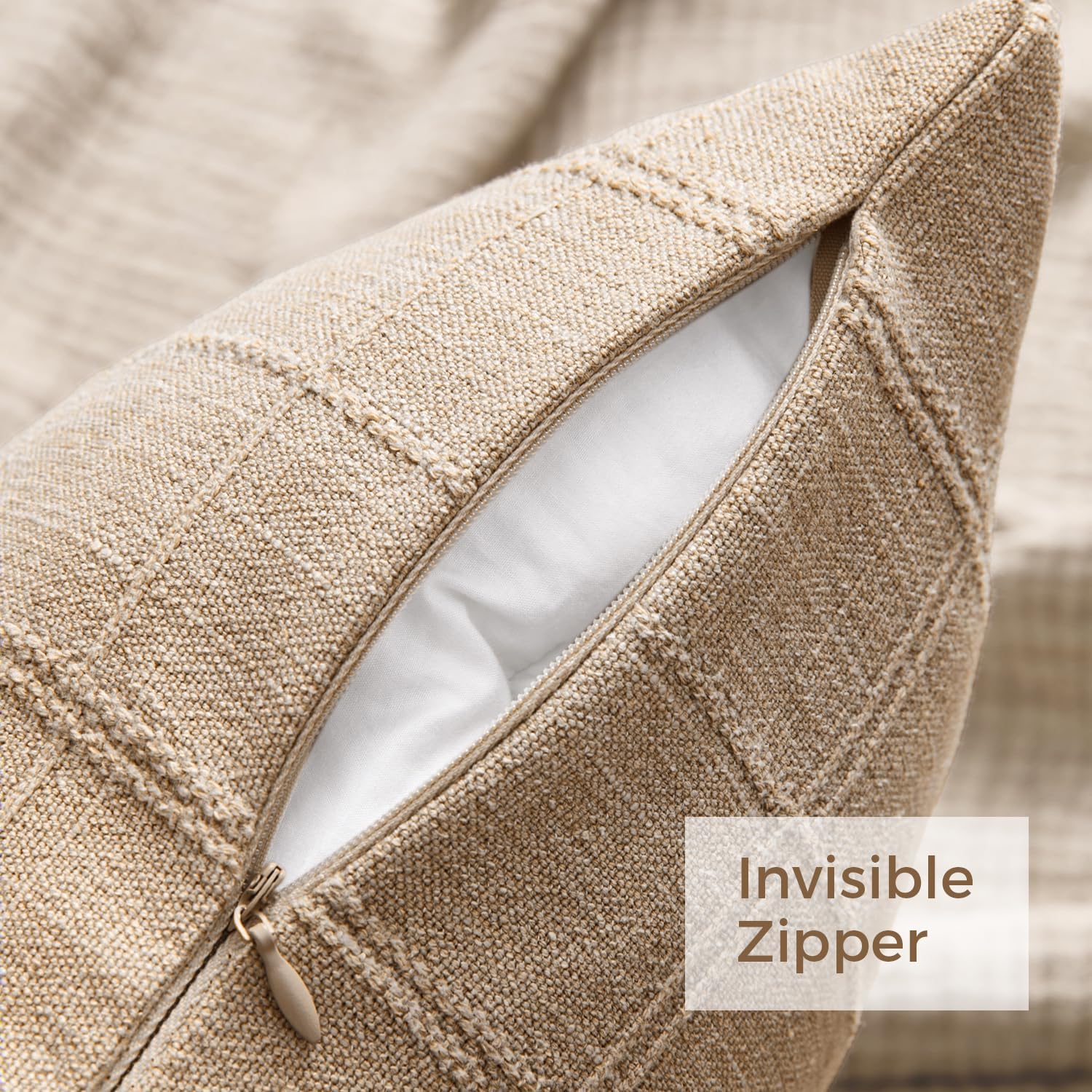 Woaboy Linen Check Throw Pillow Covers Set of 2 - Light Brown Farmhouse Modern Boho Vintage Decorative Cushion Covers for Sofa Couch Bedroom Living Room Decor 18x18 Inch - Image 7