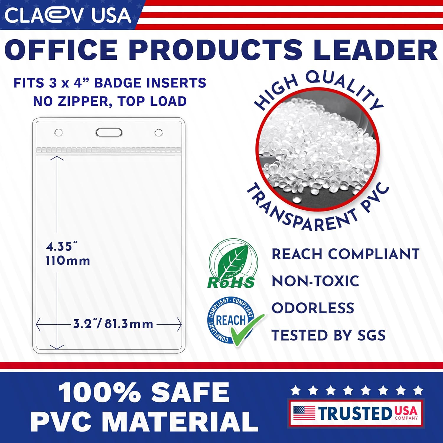Claev Vertical Large (L) Flexible and Tear Resistant ID Badge Holders (Clear, 3x4 Inch, 250 Pack), Clear Easy Open Plastic Name Card Holders for Conferences, Conventions, Offices & Schools