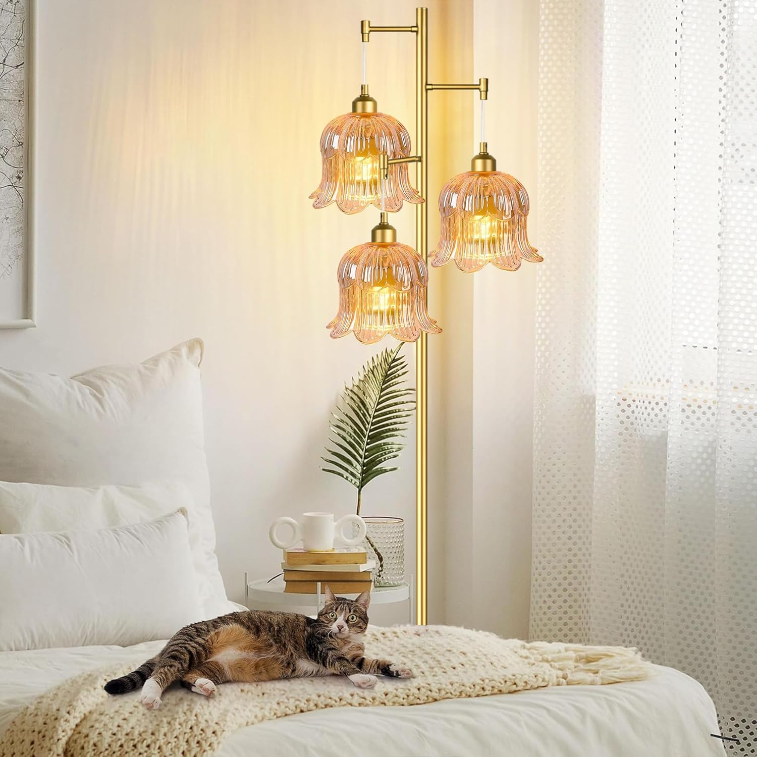 Glass Floor Lamp for Living Room,Bedroom,Mid Century Modern Standing Lamp Brass Tree 3 Light Tall Floor Lamps Vintage Floor Lights Gold Tulip Flower Lamp Shade Farmhouse Boho Bohemian 26-Floor Lamp