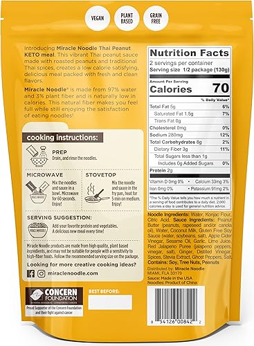 Miniatura 6 de Miracle Noodle Comida lista para comer de maní tailandés, 10 onzas (paquete de 6), fideos Shirataki Konjac a base de plantas, 70 calorías por