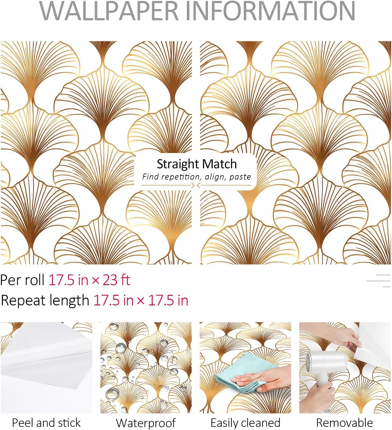 ReWallpaper 15.8in x 23ft Gold Geometric Art Deco Peel and Stick Wallpaper Gold White Contact Paper Self Adhesive Wall Covering for Dining Room Bar Restaurant Hotel Salon Gaming Room Office Entryway