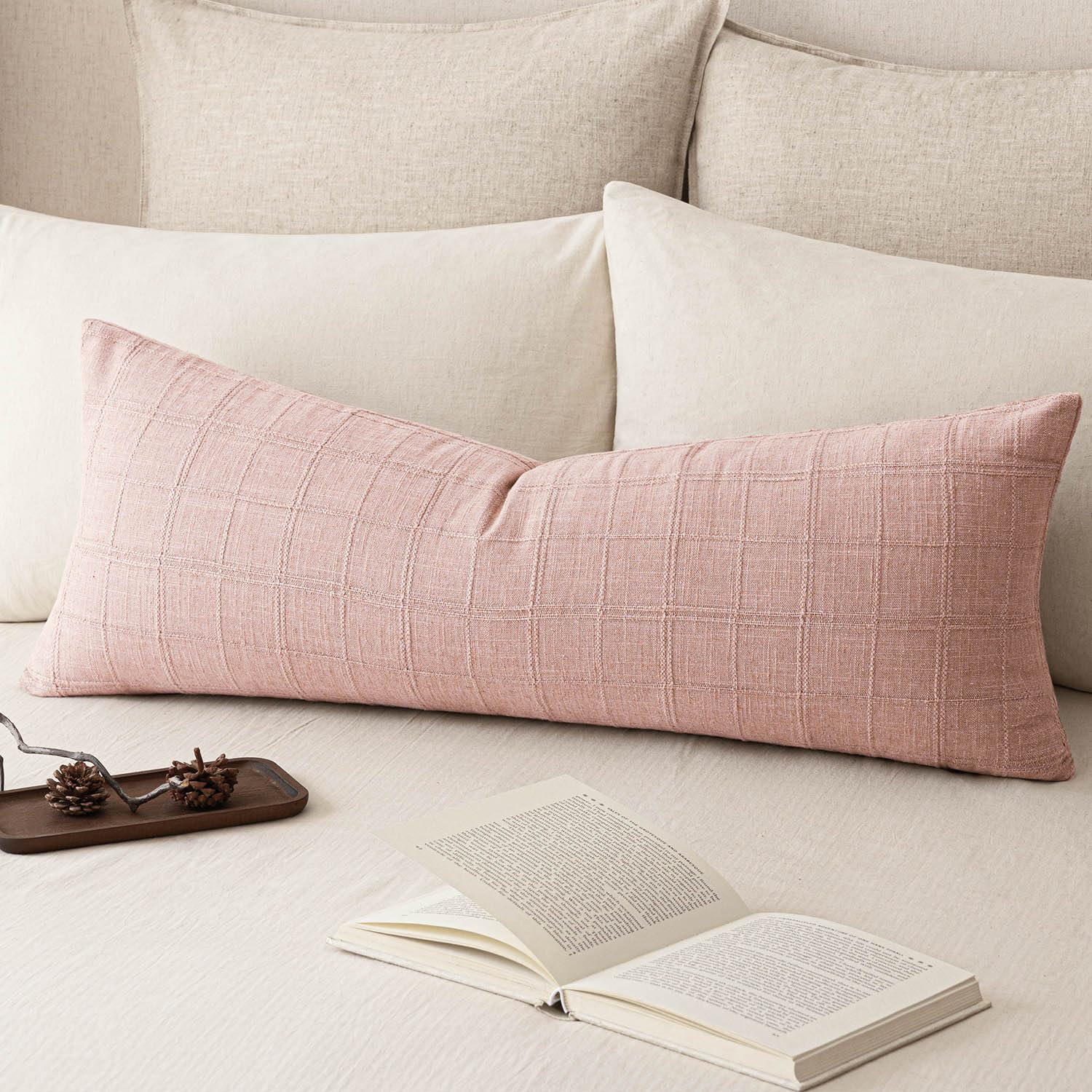 Foindtower Set of 1 Decorative Linen Check Throw Pillow Cover Neutral Long Body Lumbar Cushion Cover Farmhouse Vintage Home Decor for Sofa Chair Couch Bedroom Living Room,14×36 Inch,Light Pink