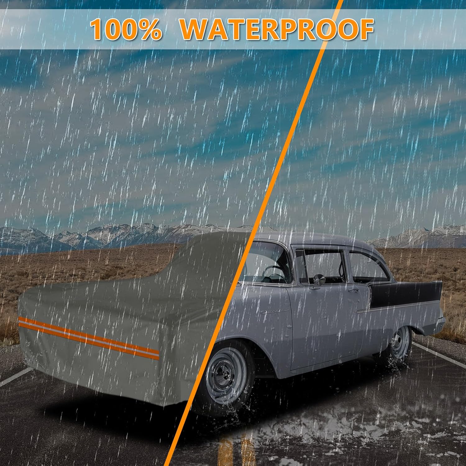 Waterproof Full Car Cover Compatible with Chevrolet Bel Air/150/210 1950-1957, All Weather Protection Classic Car Covers with Zipper Door and Side Mirror Pockets for Indoor Outdoor