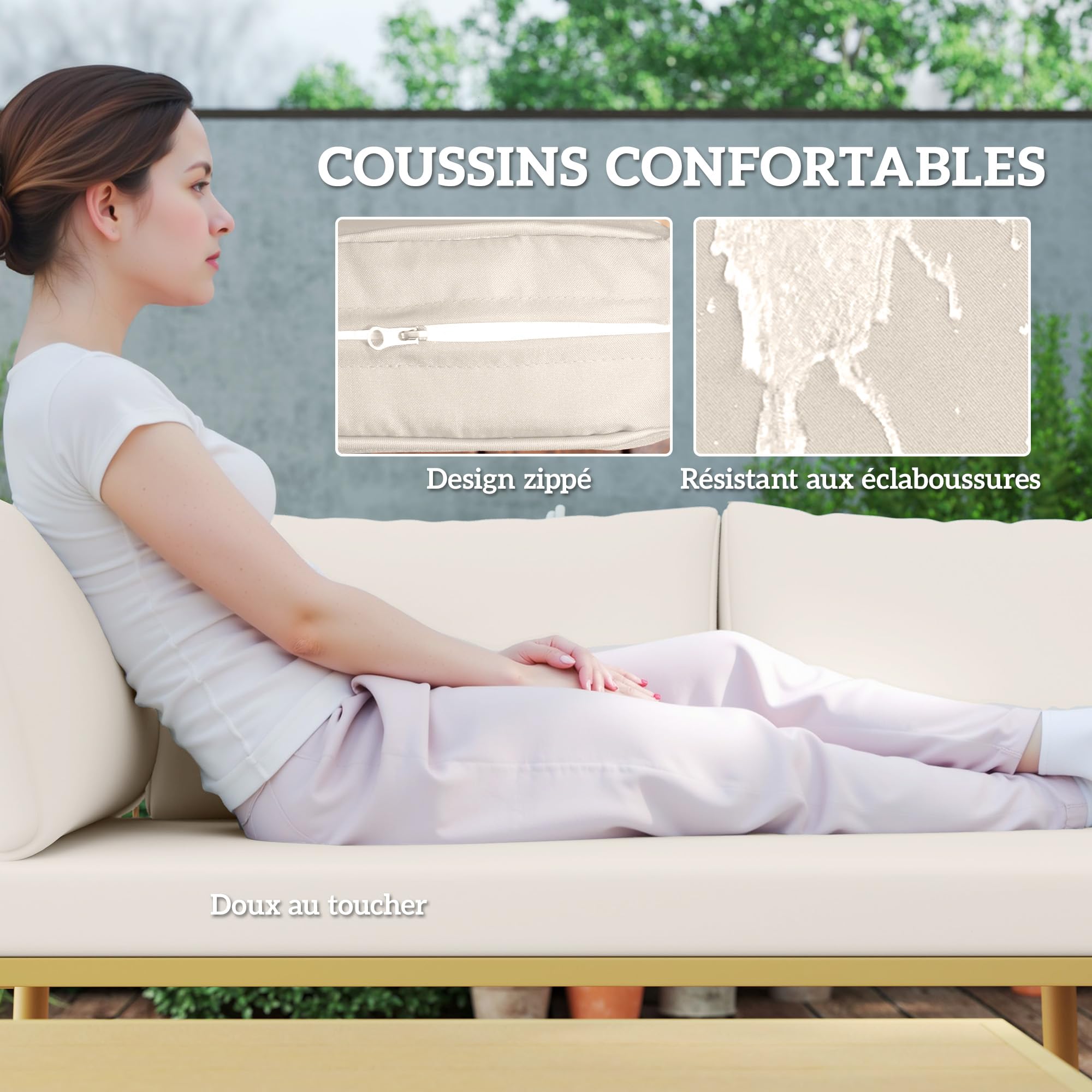 Outsunny Salon de Jardin Extérieur 5 Places Résine Tressée Modulable Crème | Mobilier de Jardin, 2 Canapés, Pouf, Table Basse, Coussins Déhoussables Inclus, pour Balcon Terrasse Véranda