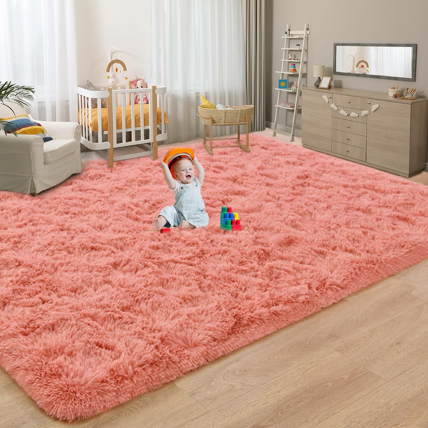 Vocrite Extra Large Shag Rug, 6’x9’ Pink Shaggy Area Rugs for Bedroom Living Room Girls, Furry Fluffy Carpet for Playroom Nursery Dorm Girls’ Room, Cute Room Decor for Teens
