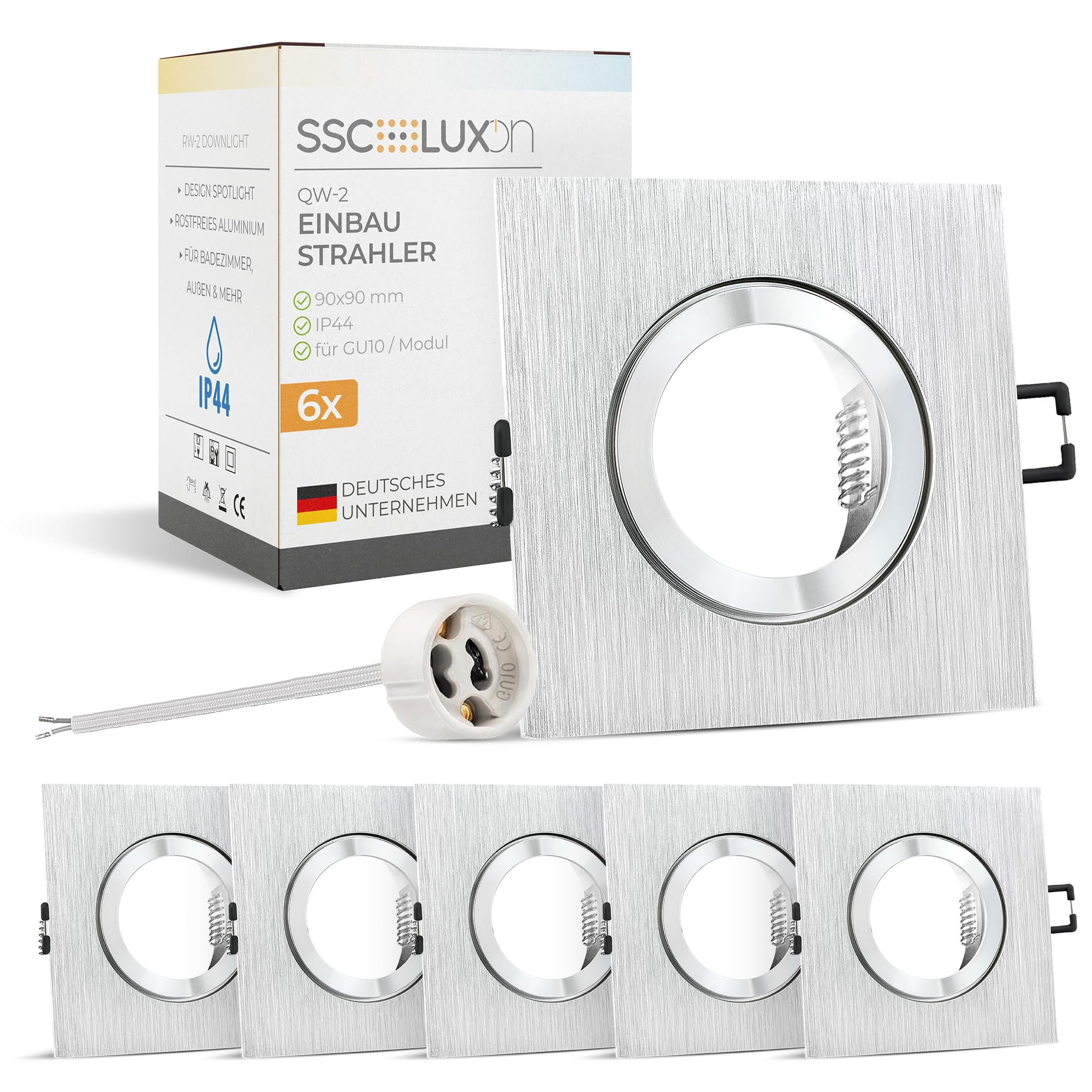 SSC-LUXon QW-2 Bad Einbaustrahler 6 Stück eckig Alu IP44 | Sechs eckige Bad-Deckenspots gebürstet spritzwassergeschützt IP44 - GU10 Fassung, geringe Einbautiefe 23mm (ohne Lampe)