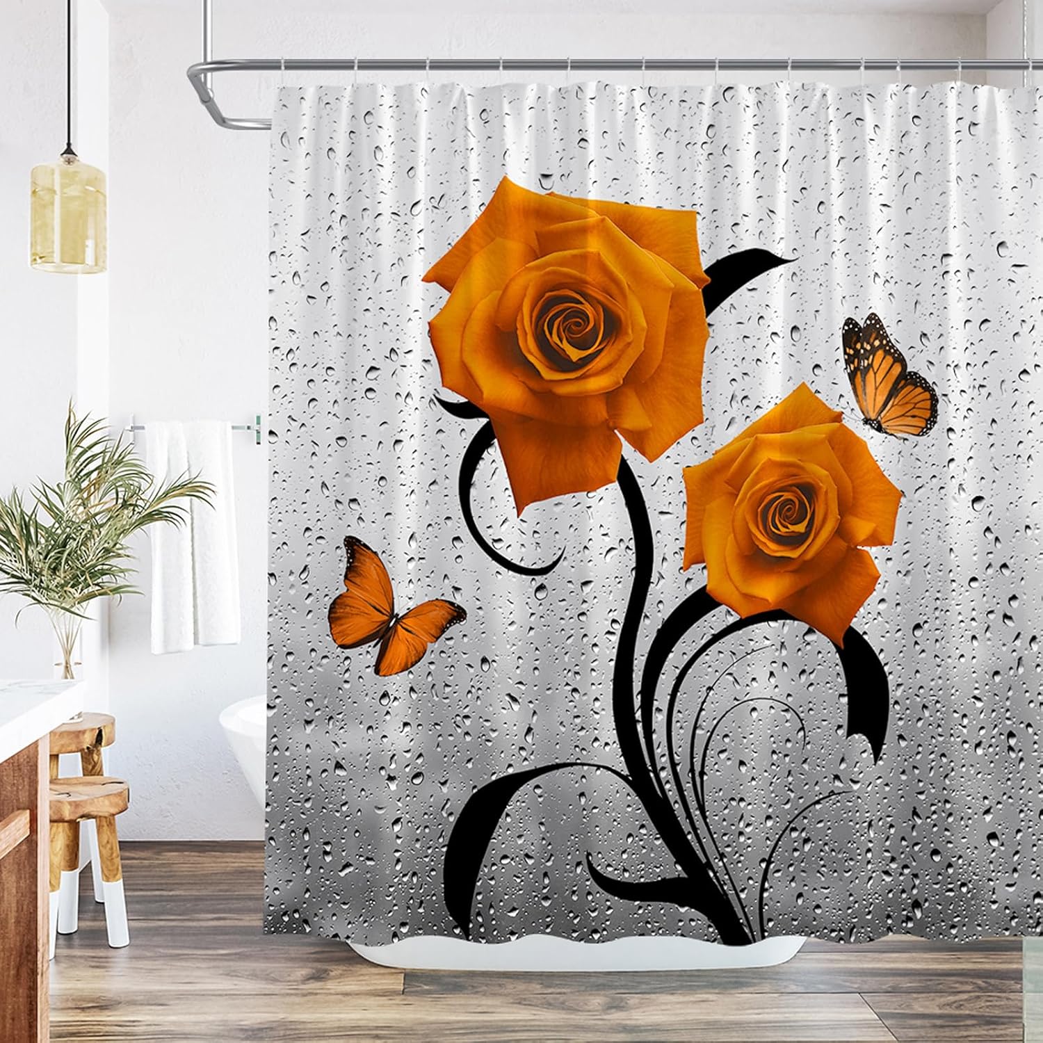 Turquoise Rose Flower Shower Curtain Rustic Plant Romantic Blue Green Floral Butterfly Gray Modern Realistic Water Drop Creative Abstract Decor Fabric Bathroom Set with Hook 84Wx70H Inch