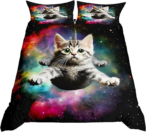 Juego de funda de edredón de microfibra con diseño de gato de galaxia, 3 piezas, 79 x 90 pulgadas, diseño digital 3D, con galaxia colorida y cielo