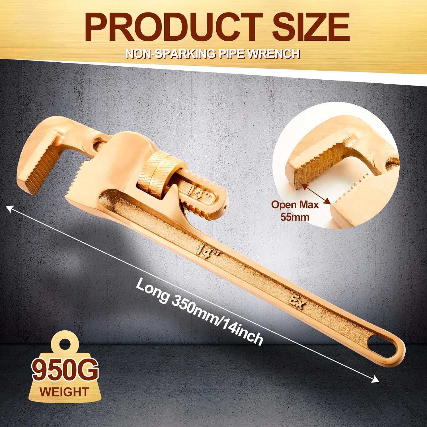 Hicarer Non Sparking Pipe Wrench Aluminum Bronze Spark-free Adjustable Pipe Spanner Straight Plumbing Wrench, Corrosion Resistant (14'')