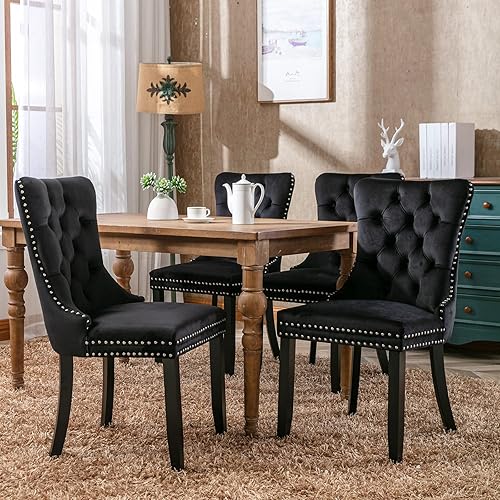 Miniatura 4 de Black Mid Century - Juego de 4 sillas de comedor modernas tapizadas de terciopelo para cocina y comedor con ribete de cabeza de clavo y patas de