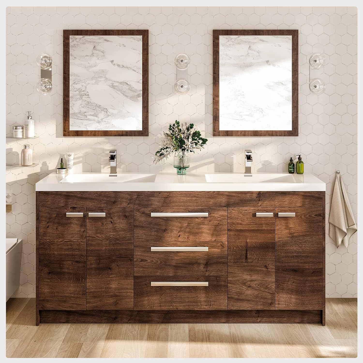 Eviva Lugano 72 in. Rosewood Double Sink Bath Vanity with Acrylic Top and Integrated Sinks