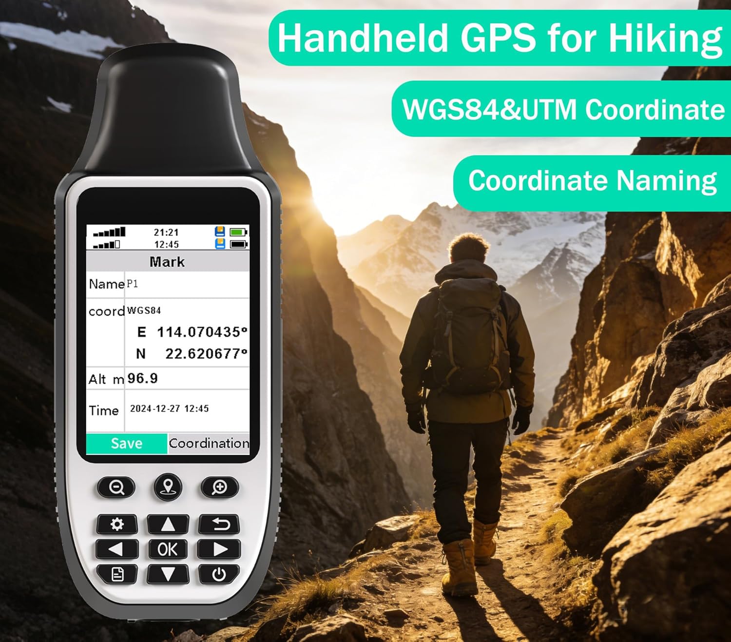 Handheld GPS gor Hiking, Button-Operated Handheld GPS with Barometer and Compass, Expanded Satellite Support, 3.2" Color Display