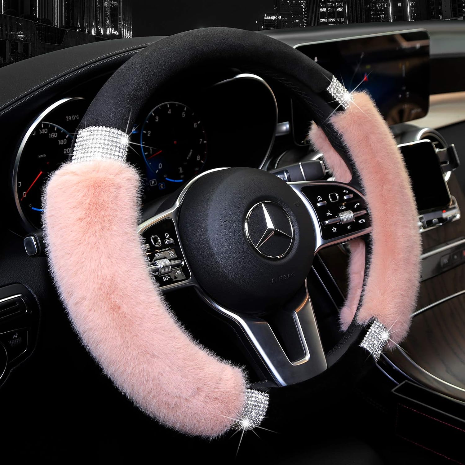 Achiou Fluffy Steering Wheel Cover for Women, Universal Rhinestone Bling Comfortable Non-Slip Luxurious Faux Wool & Glam Vehicle for Ladies, Girls, 15 Inch : Automotive