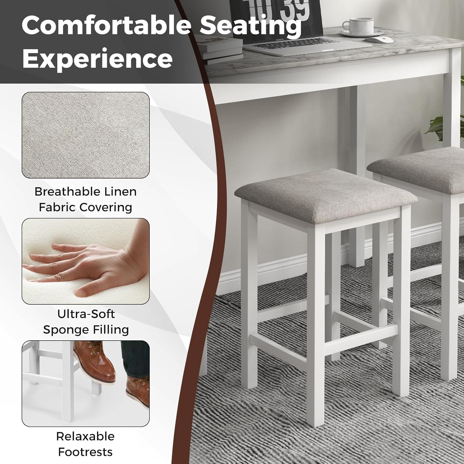 Giantex 3-Pieces Dining Table Set for 2, Counter Height Table with 2 Bar Stools, Wood Legs, Dinette Set for Small Space, Breakfast Nook, Kitchen, Dinner (White/Grey)