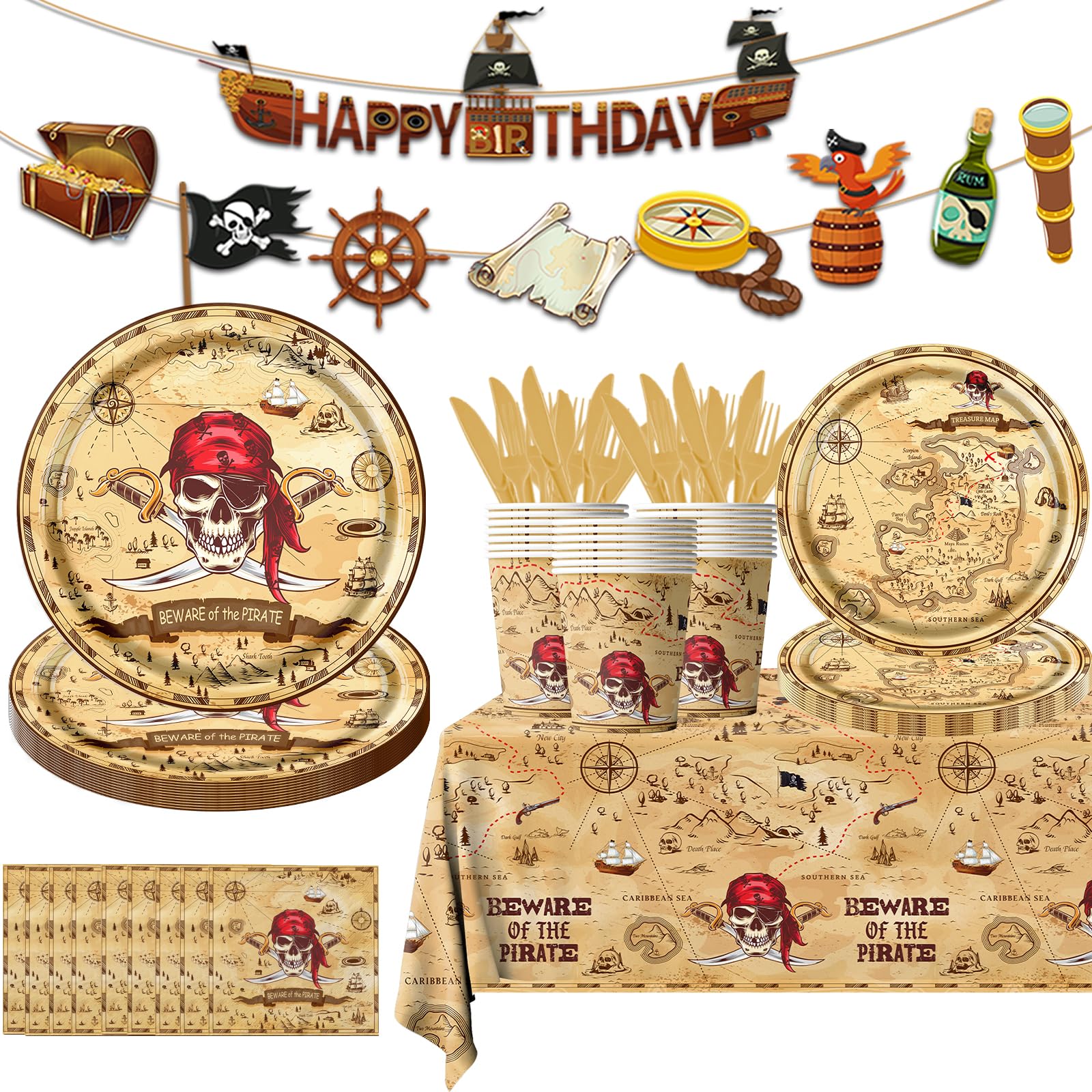 Pirate Party Supplies - 142Pieces Beware of the Pirate Theme Tableware Set Incluedes Pirate Plates,Tablecloth,Napkins Treasure Map Theme Decorations