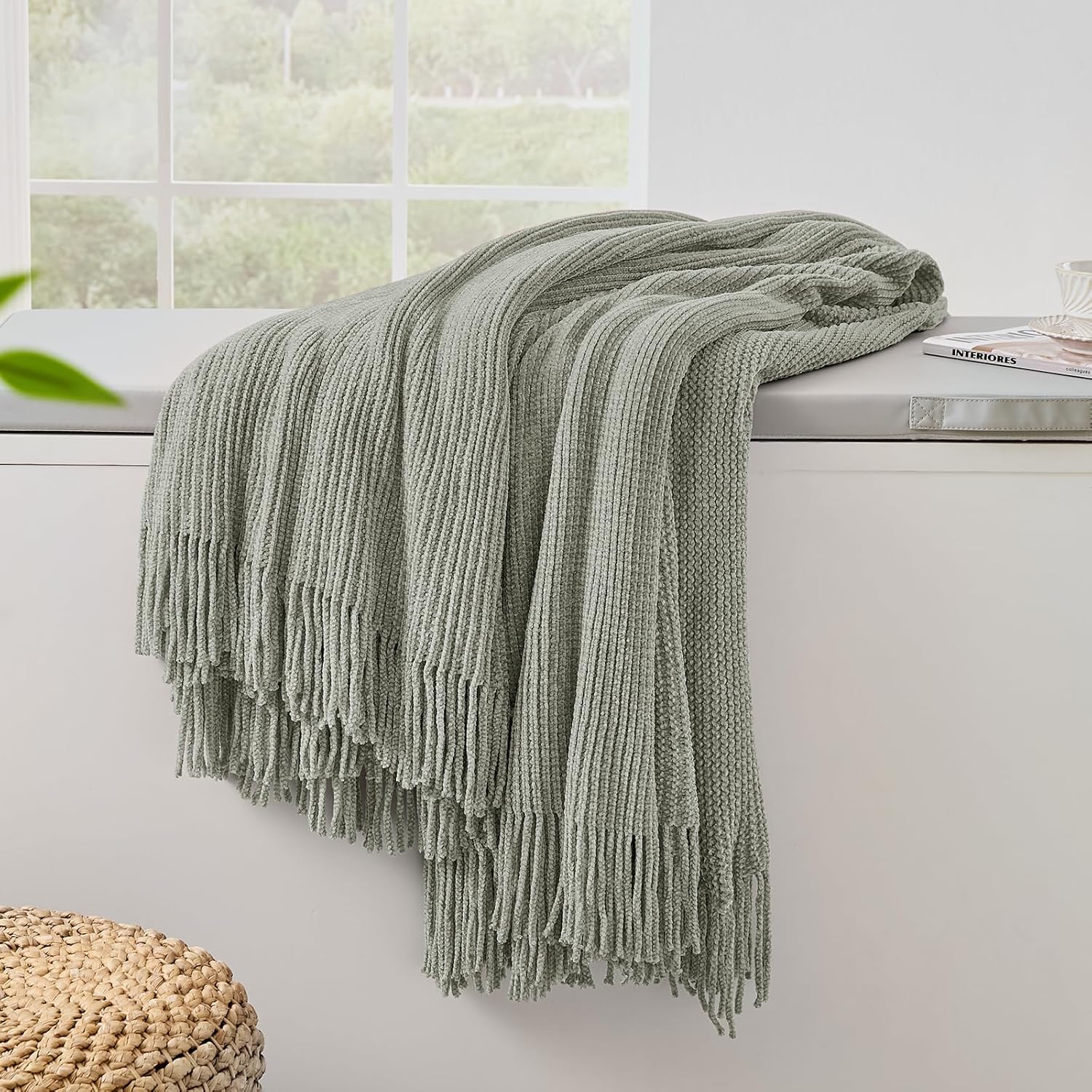 inhand Throw Blanket for Couch Bed,Chunky Chenille Woven Soft Blankets with Tassels, Cozy Boho Farmhouse Fall Winter Decor,Warm for Women,60"x80",Medium Thick-Light Grey