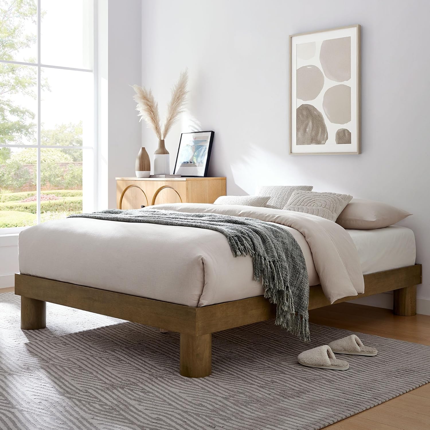 Modway Runa Wood Full Platform Bed in French Oak - Minimalist Full Size Bed Frame with Wood Slat Support - No Box Spring Needed