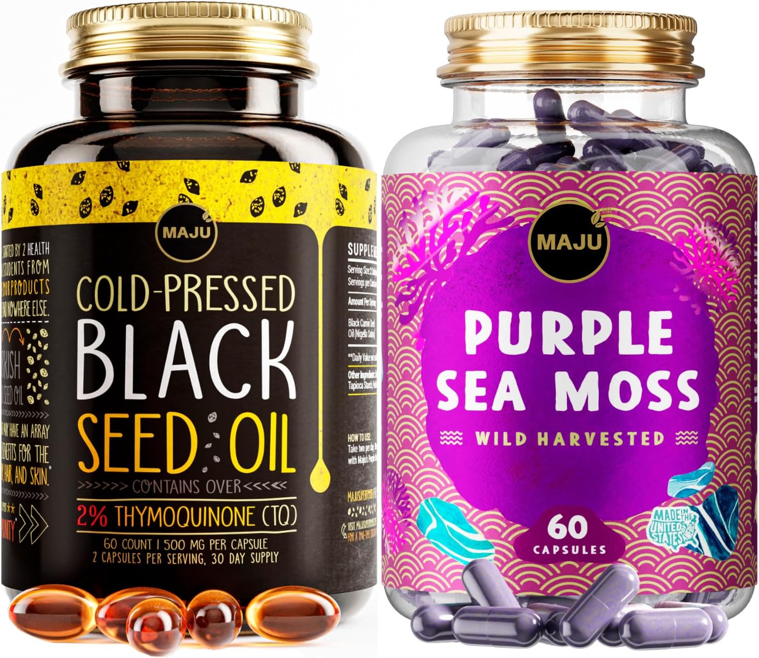Maju Superfoods Black Seed Oil Capsules and Purple Sea Moss Capsules Bundle