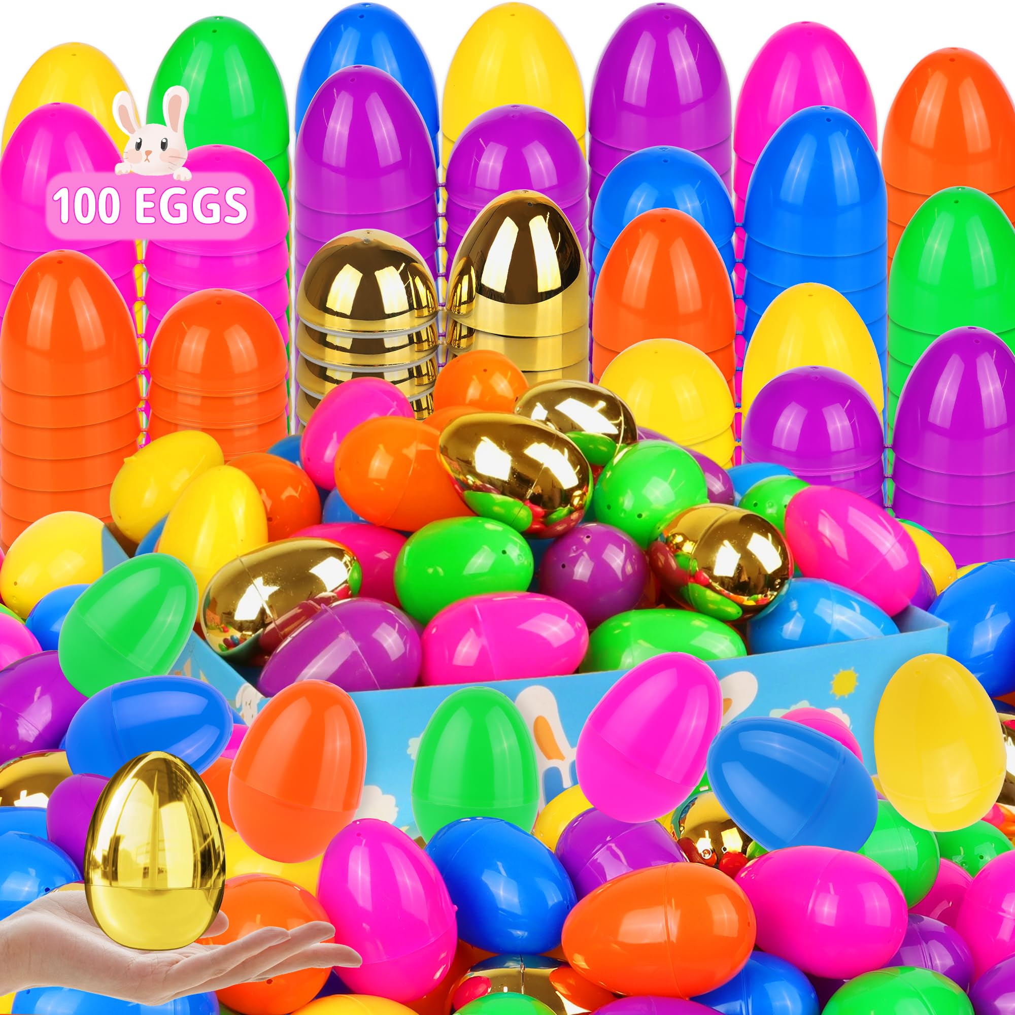 Photo 1 of 100 Pack Colorful Fillable Easter Eggs with 6 Surprise Golden Eggs, 2.4 Inch Plastic Easter Egg Empty for Easter Hunt Party Favors Easter Basket Stuffers Fillers Classroom Prizes for Kids Boys Girls
