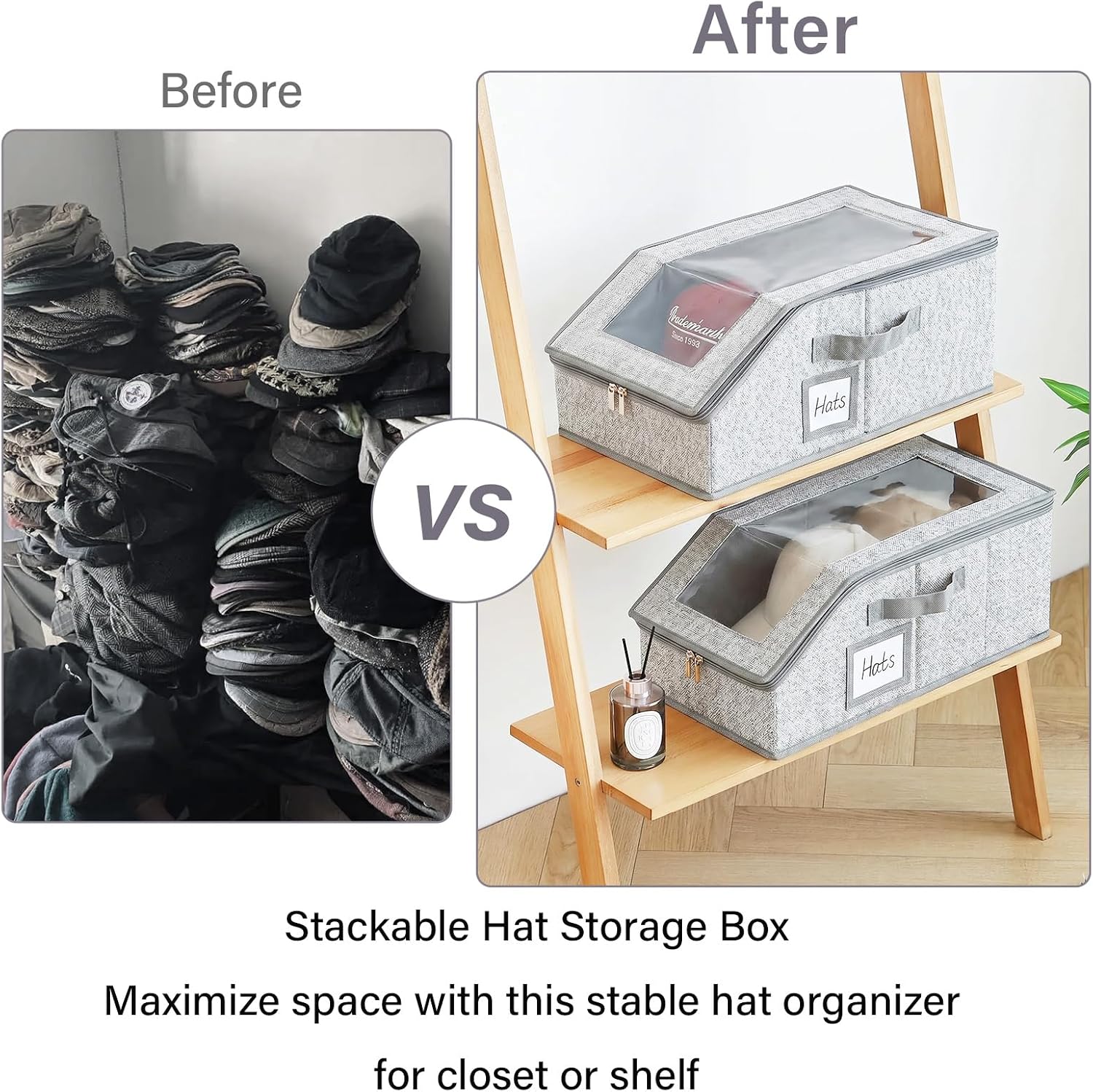 Furlide Hat Organizer for Baseball Caps, 2 Pack Stackable Storage Boxes